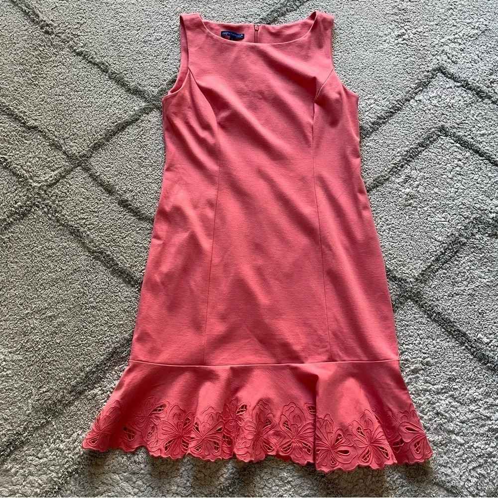 Talbots RSVP dress Embroidered Flounce Sheath Dress coral 8